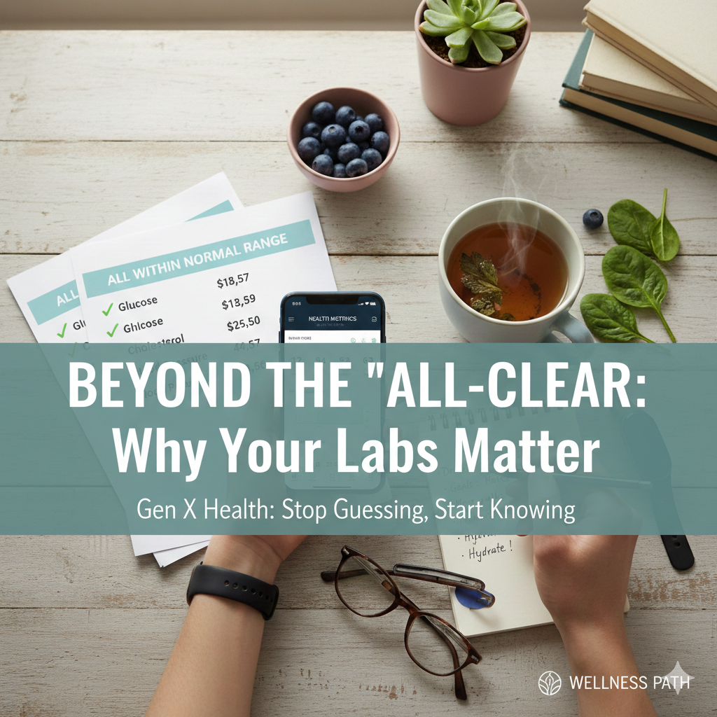 Flat lay of a person reviewing normal blood work results and a health tracking app, representing a proactive wellness journey for Gen X adults. Image includes the website Livingwellwithdwayne.com.