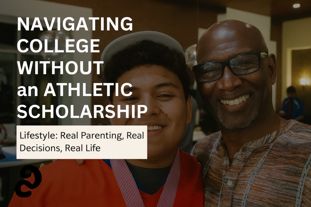 A Gen X father and son smiling together after a sports event, used in a blog post about navigating college without an athletic scholarship.