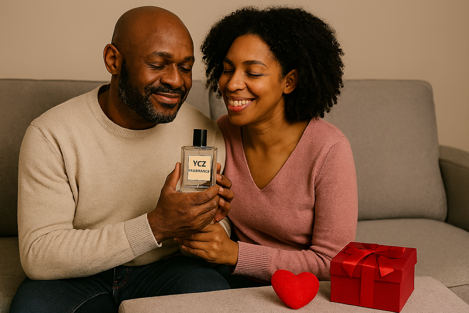 A Gen X Black couple sharing a warm moment on a neutral-toned sofa, with the man offering a YCZ Fragrance bottle as a Valentine’s Day gift. A red heart and gift box sit in the foreground, creating a cozy, romantic atmosphere.