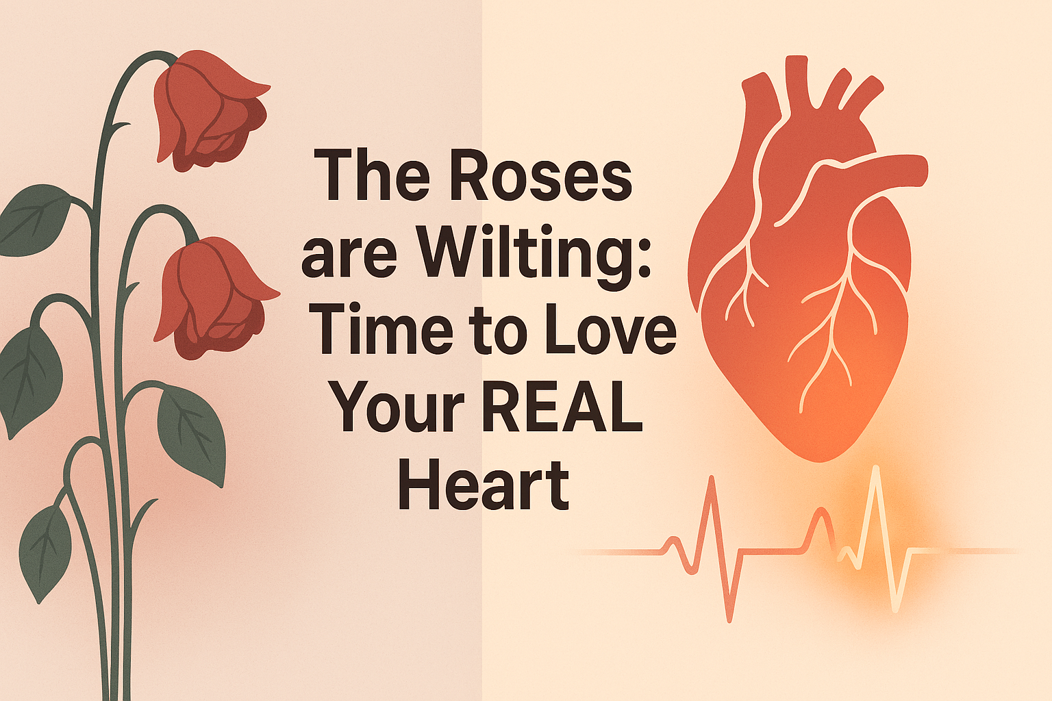 Split illustration showing wilting red roses on the left and a glowing anatomical heart with ECG line on the right, symbolizing the shift from symbolic Valentine’s love to real heart wellness.