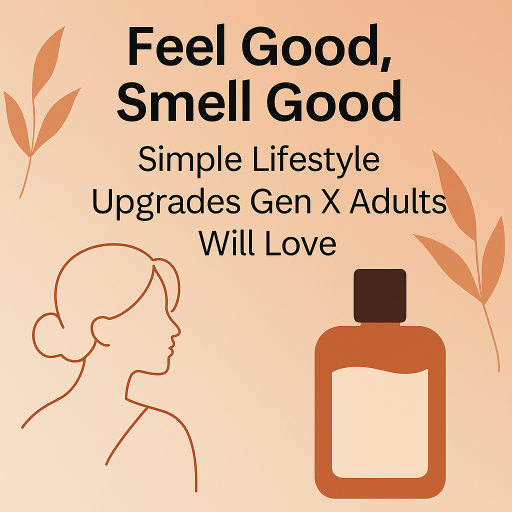 A minimalist blog graphic with the title “Feel Good, Smell Good: Simple Lifestyle Upgrades Gen X Adults Will Love,” featuring a warm peach gradient background, a stylized female silhouette, abstract botanical elements, and a modern perfume bottle illustration.