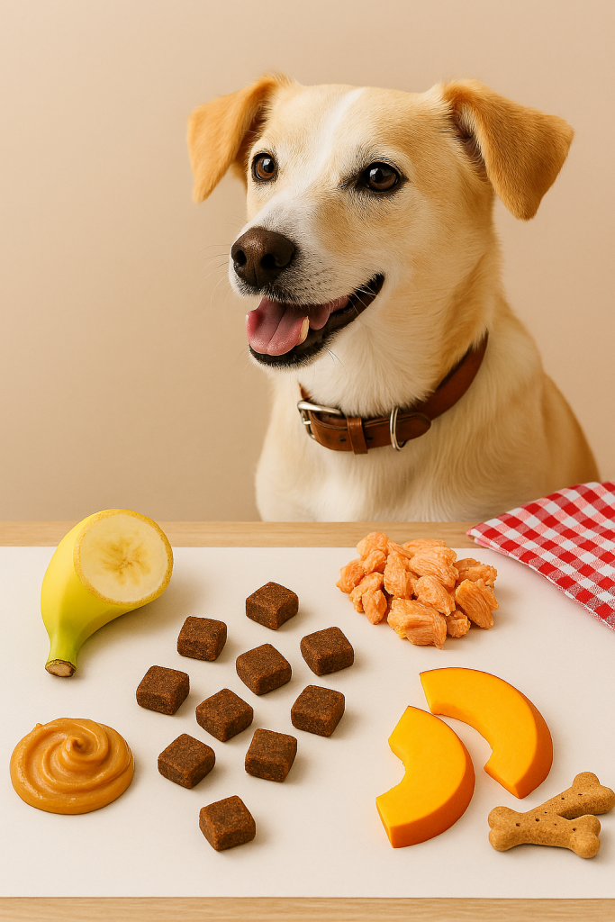 Smiling dog with healthy treats and natural ingredients including banana, salmon, peanut butter, and pumpkin on a clean surface.