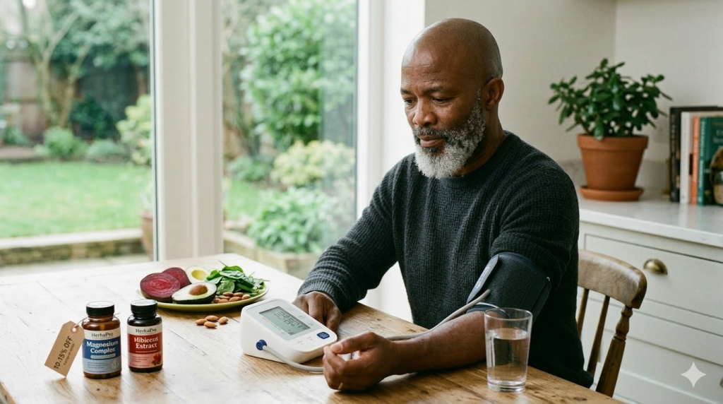 Mature man checking blood pressure with monitor near healthy food and HerbsPro supplements.