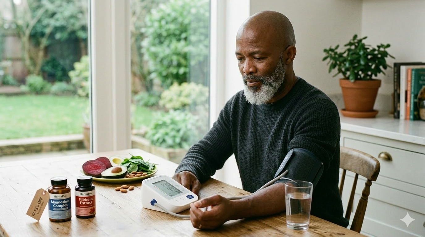 Mature man checking blood pressure with monitor near healthy food and HerbsPro supplements.