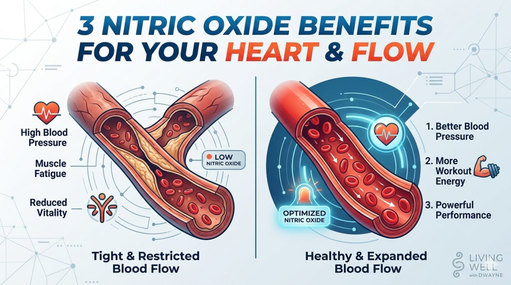 3 Nitric Oxide benefits infographic for your heart and flow