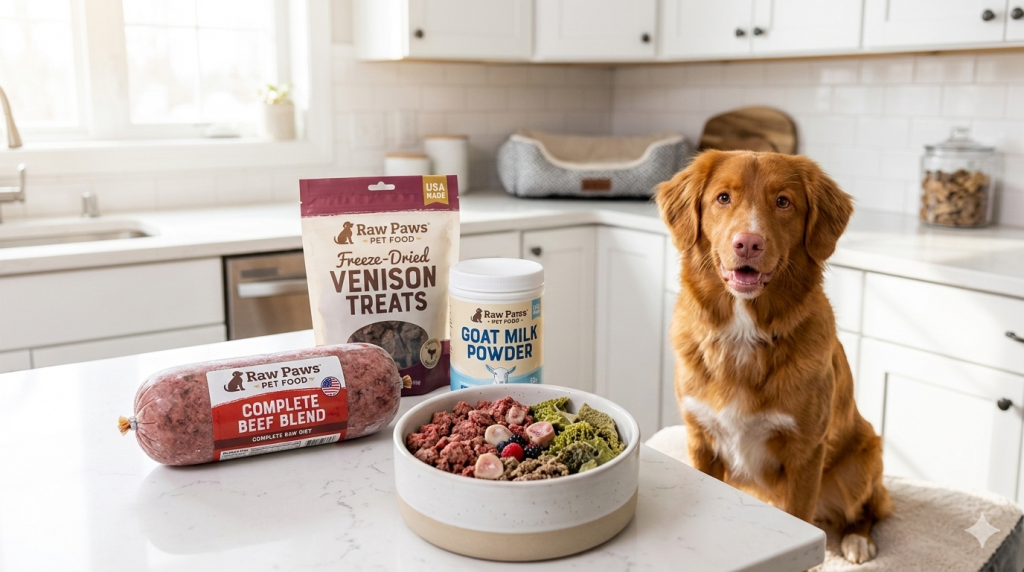 Raw Paws Pet Food Review - Complete Raw Meal Selection and Happy Dog.