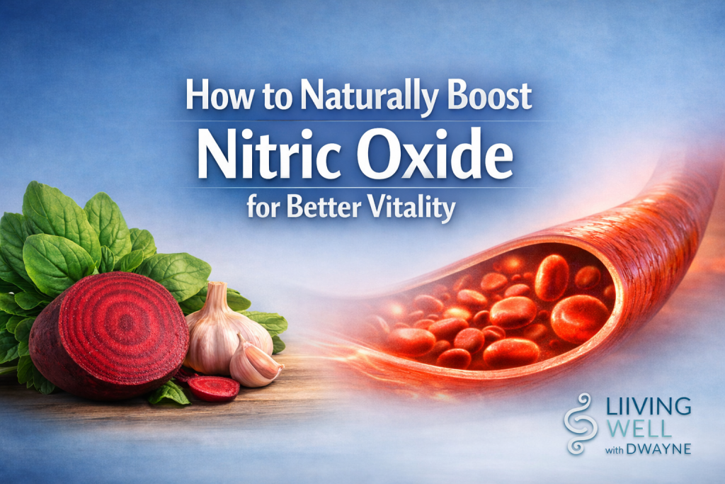 Beetroot, leafy greens, and blood vessel illustration showing how to naturally boost nitric oxide for better vitality